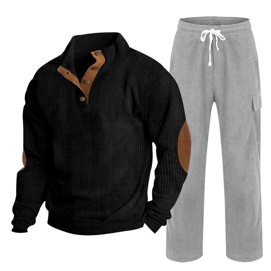 Herren nan Strick-Freizeitset mit Knopfleiste und Ellenbogenaufnähern sowie Cord-Cargohose EB
