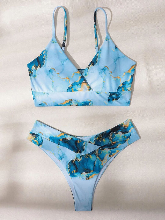 Damen Hoch geschnittenes Bikini-Set mit stylischem Marmor-Print EB