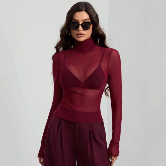 Damen Transparente Turtleneck-Bluse mit figurformendem Schnitt EB