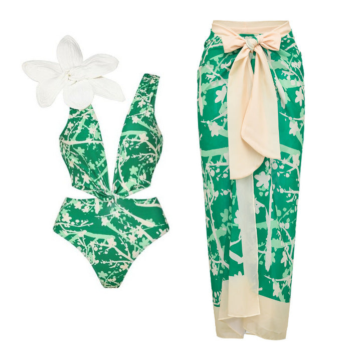 Damen Bikiniset mit besonderem Blumendekor und langem Wickelrock EB