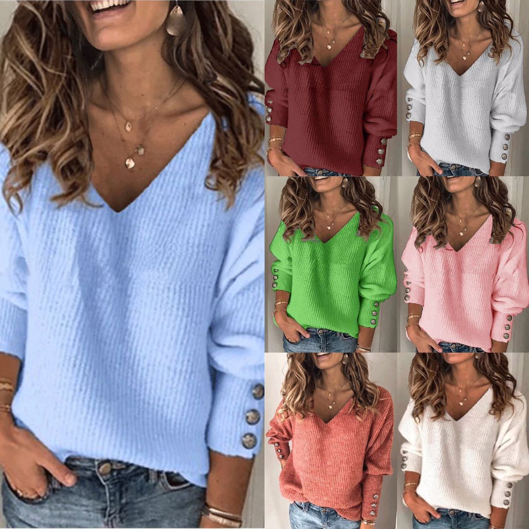 Damen Strickpullover mit V-Ausschnitt und dekorativen Knöpfen EB