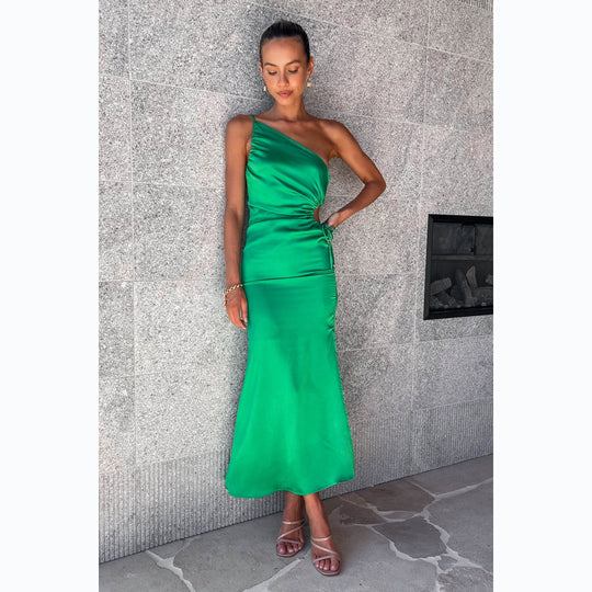 Damen Elegant Drapiertes Maxikleid mit asymmetrischem Schnitt und hohem Schlitz EB