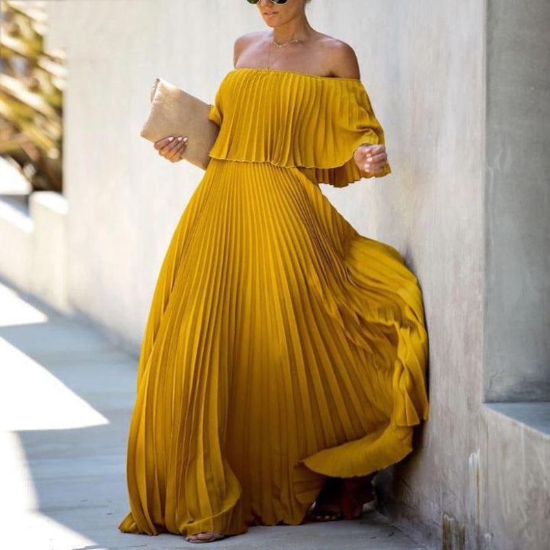 Damen Maxikleid mit asymmetrischem Plisseefall und schulterfreiem Design EB