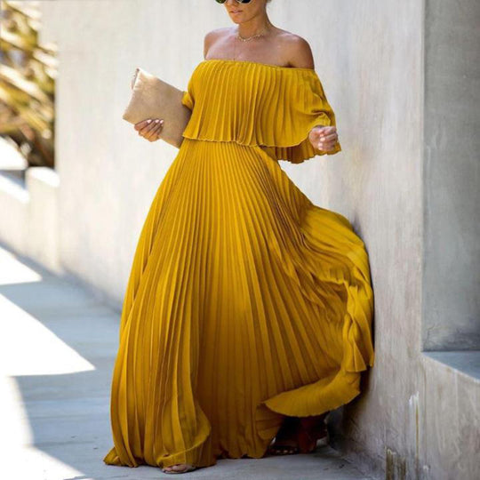 Damen Maxikleid mit asymmetrischem Plisseefall und schulterfreiem Design EB