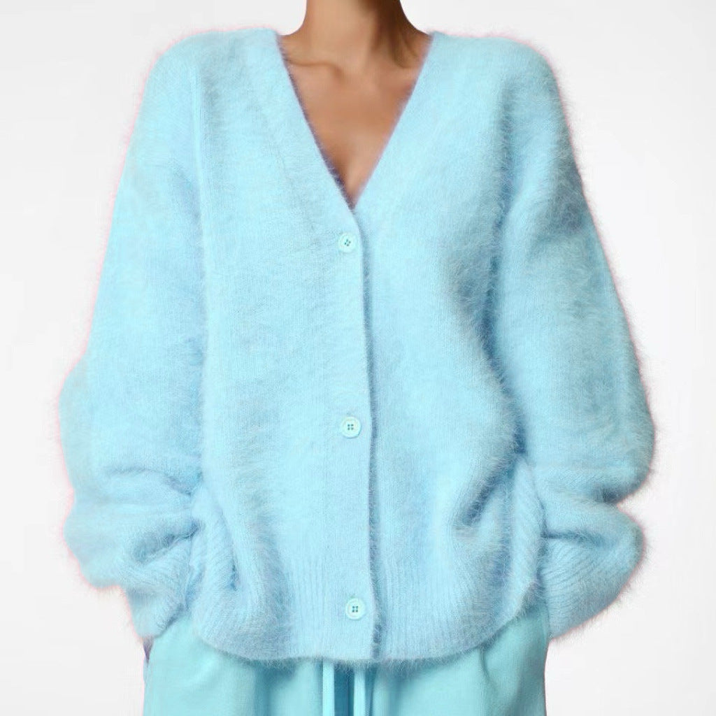 Damen Flauschiger Oversize-Knopfcardigan mit tiefem V-Ausschnitt und Eingrifftaschen EB