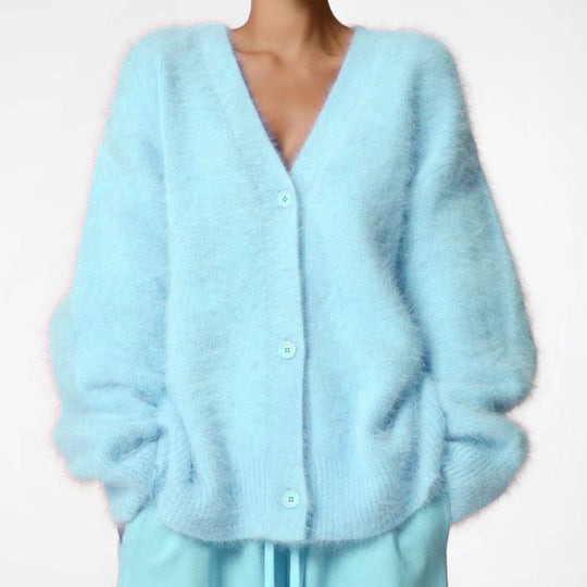 Damen Kuscheliger Oversize-Cardigan aus Teddy-Strick mit tiefem V-Ausschnitt EB