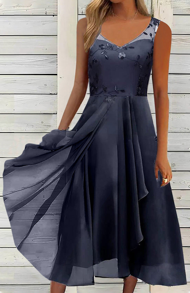 Damen nan A-Linien-Chiffonkleid mit floralem Stickoberteil, V-Ausschnitt, drapiertem Godet-Schwung und verdeckten Seitentaschen EB