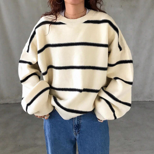 Damen Oversized Strickpullover mit trendigem Streifenmuster und lässiger Passform EB