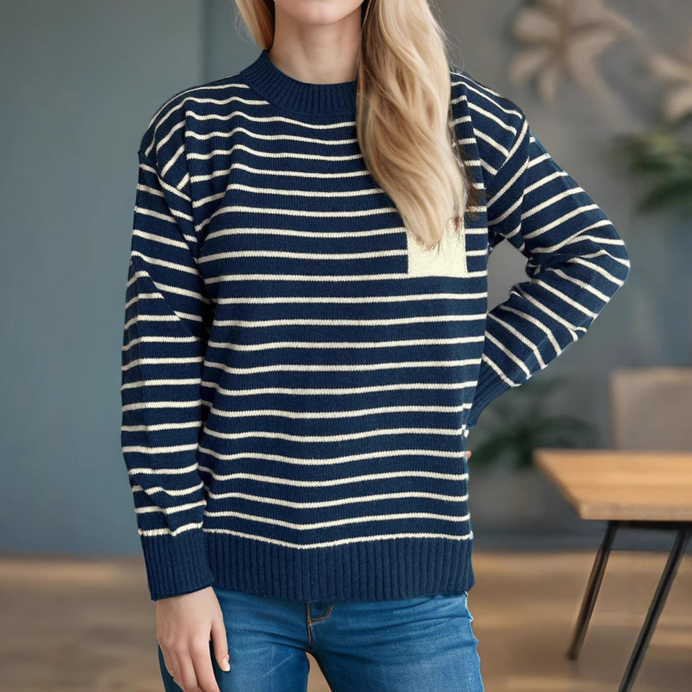 Damen lässiger Strickpullover mit breitem Streifenmuster und überschnittenen Schultern EB