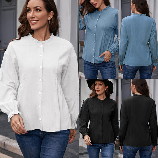Damen Bluse mit Rüschensaum und Knopfdetails EB