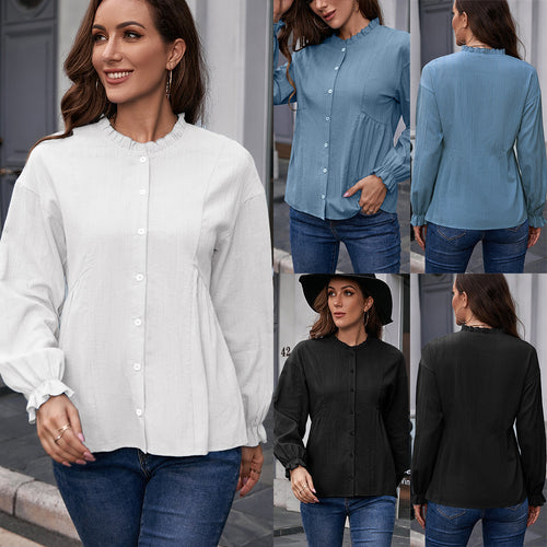 Damen Bluse mit Rüschensaum und Knopfdetails EB