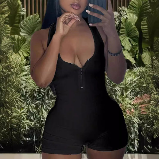 Damen Jumpsuit mit tiefem V-Ausschnitt und Reißverschluss EB