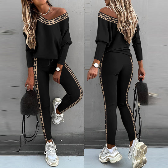 Damen Freizeit Set mit glitzerndem Motiv und offenem Schulterdesign EB