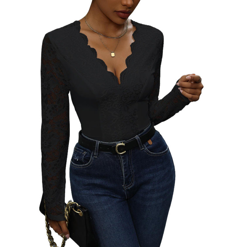 Damen Spitze Bodysuit mit V-Ausschnitt und langen Ärmeln EB
