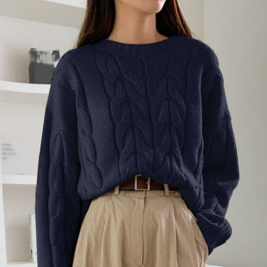 Damen Gemusterter Strickpullover mit voluminösen Ärmeln und Rundhalsausschnitt EB
