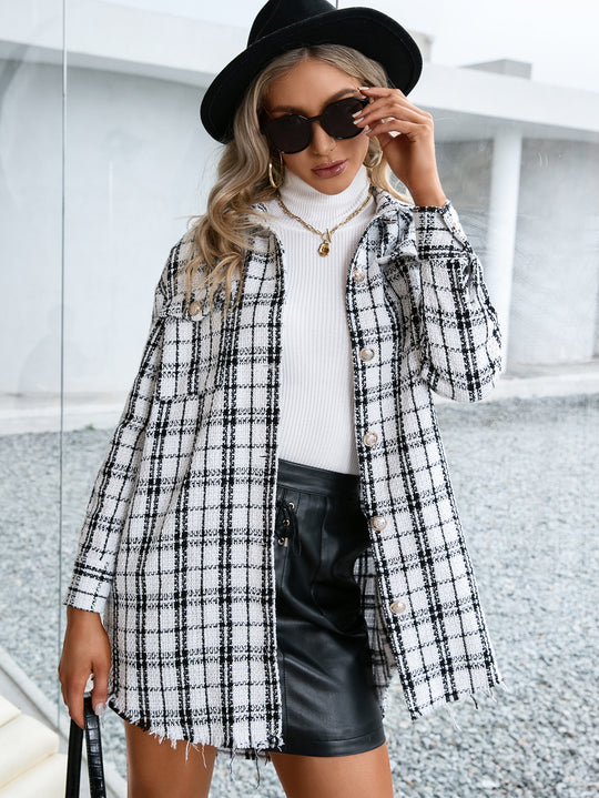 Damen Karierte Overshirtjacke mit lässigem Schnitt und Fransen EB