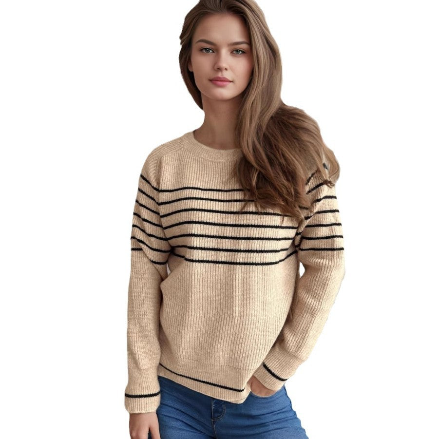 Damen lässiger Pullover mit modischem Streifenmuster und weitem Schnitt EB