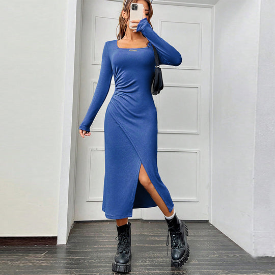Damen figurbetontes Wickel‑Midikleid mit eckigem Ausschnitt, asymmetrischem Seitenschlitz und taillierender Raffung Eichborn Berlin
