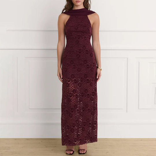 Damen Elegantes Maxikleid mit raffinierter Spitzenverzierung und schickem Halterneck EB