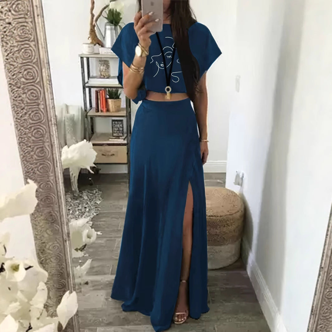 Damen Zweiteiliges Outfit mit cropped Oberteil und hohem Schlitzrock EB