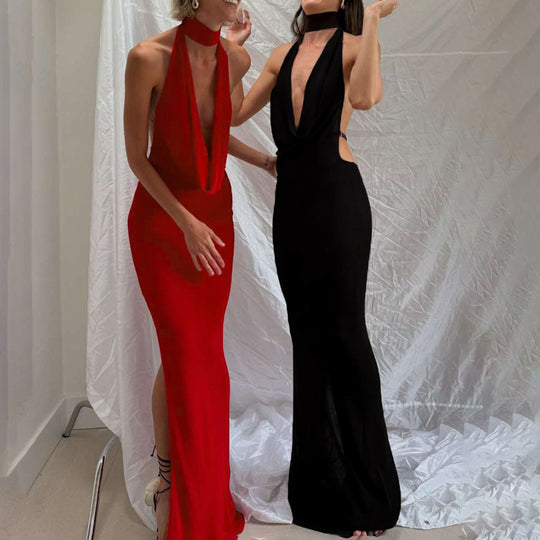 Damen Elegantes Abendkleid mit schimmerndem tiefem V-Ausschnitt und figurschmeichelnder Silhouette EB