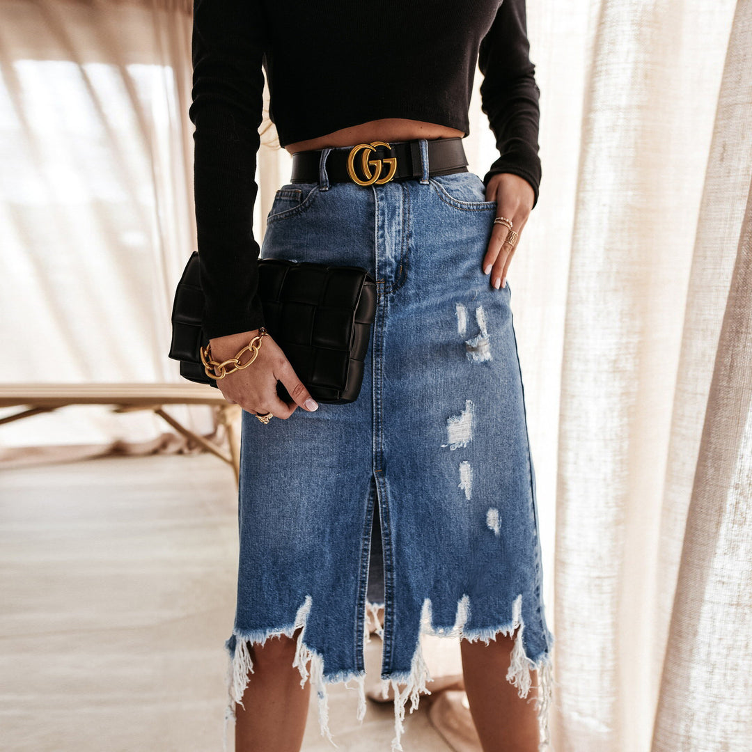 Damen Midirock mit asymmetrischem Saum und Destroyed-Effekten EB