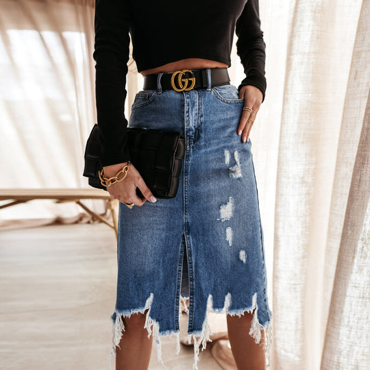 Damen Midirock mit asymmetrischem Saum und Destroyed-Effekten EB