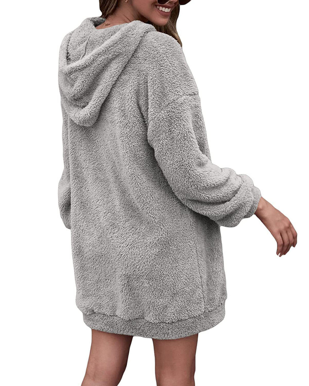 Damen kuscheliges Fleece-Kleid mit Kapuze und Taschen EB