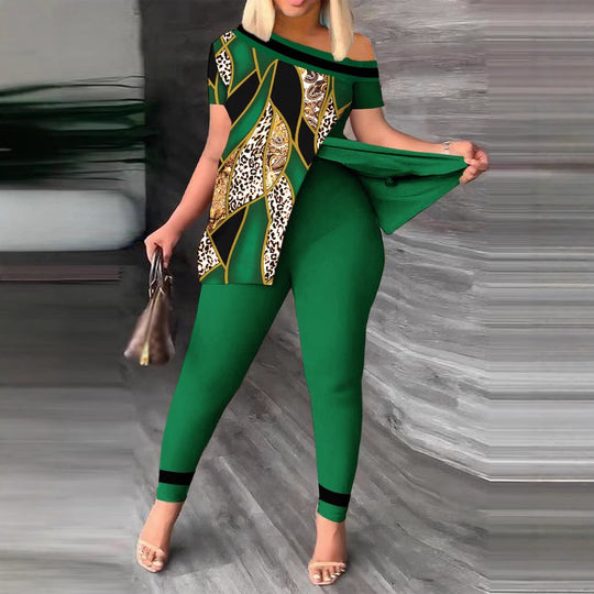 Damen modernes und elegantes Set mit asymmetrischem Oberteil und figurbetonten Hosen EB