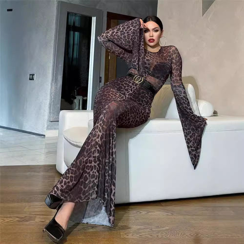 Damen Elegant schimmerndes Maxikleid mit langen Ärmeln und Leopardenmuster EB