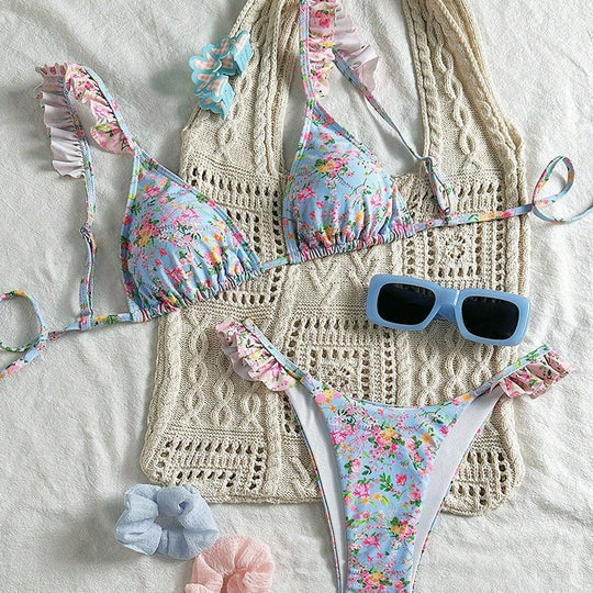 Damen Triangel-Bikini-Set mit floralen Rüschendetails und verstellbaren Trägern EB
