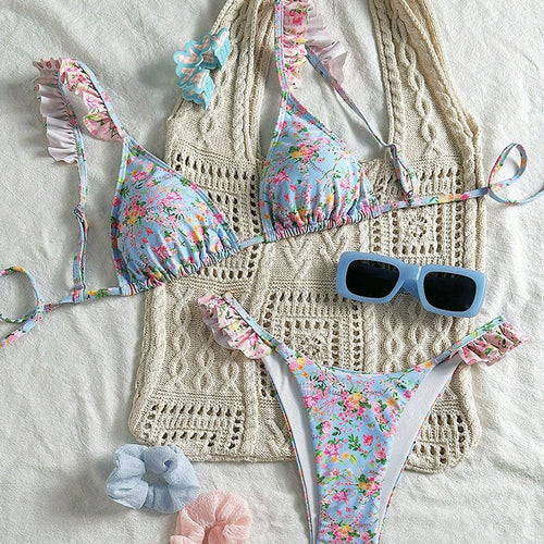 Damen Triangel-Bikini-Set mit floralen Rüschendetails und verstellbaren Trägern EB
