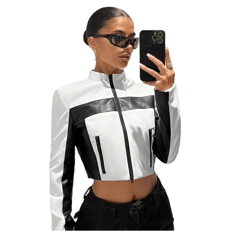 Damen Sportliche cropped Jacke aus Kunstleder mit Kontrastdetails EB