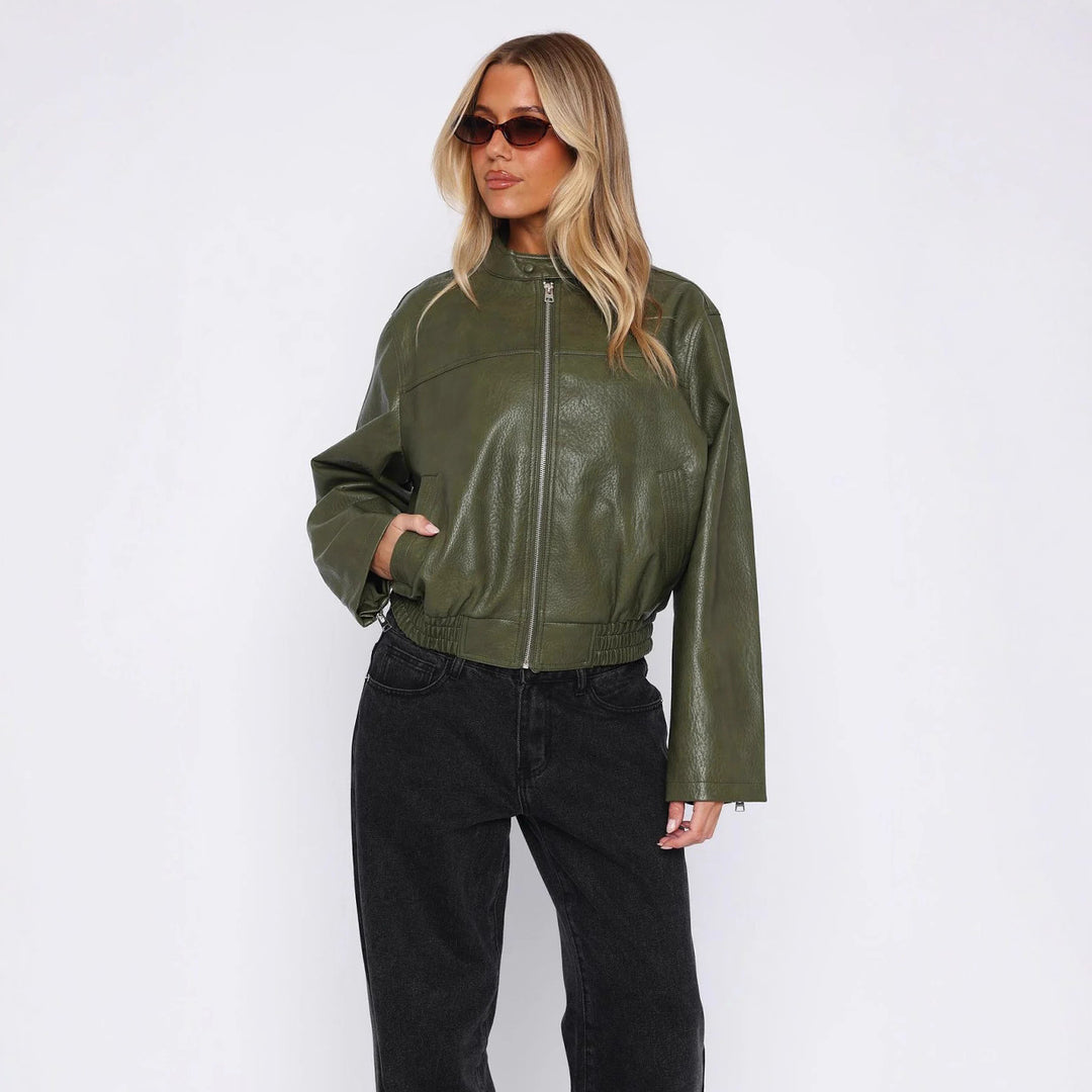 Damen Kunstleder Jacke mit elastischem Bund und hohem Stehkragen EB