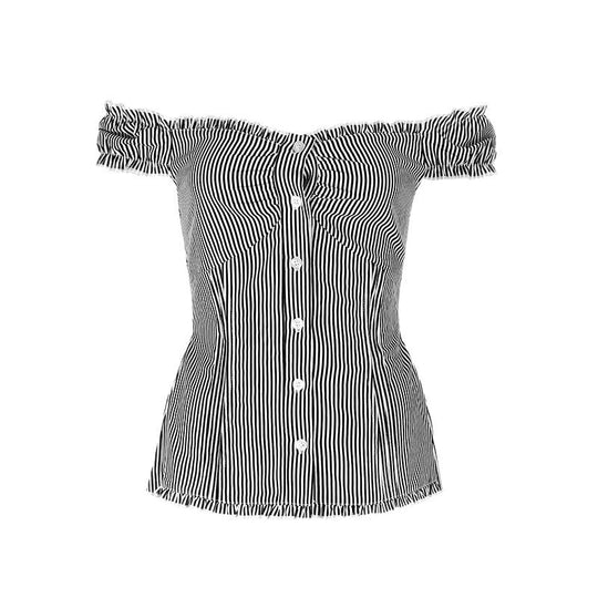 Damen Off-Shoulder Bluse mit feinen Rüschendetails und gestreiftem Muster EB