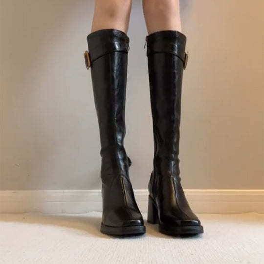Damen Stiefel mit elegantem Blockabsatz und modischem Schnallenverschluss EB