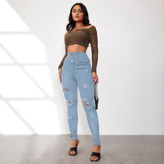 Damen Hochtaillierte Skinny Jeans mit modischen Rissen und eleganter Knopfleiste EB
