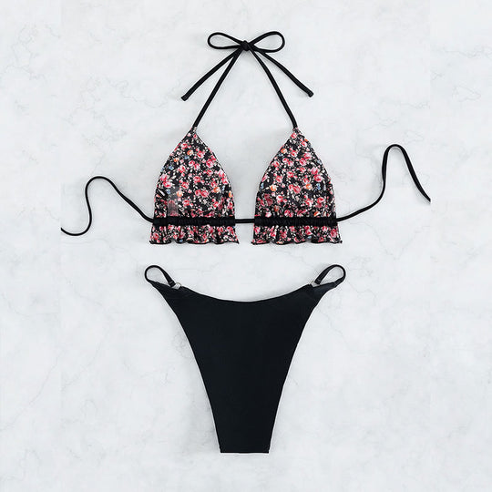 Damen Triangel-Bikini-Set mit verspieltem Blumendetail und hohem Beinausschnitt EB