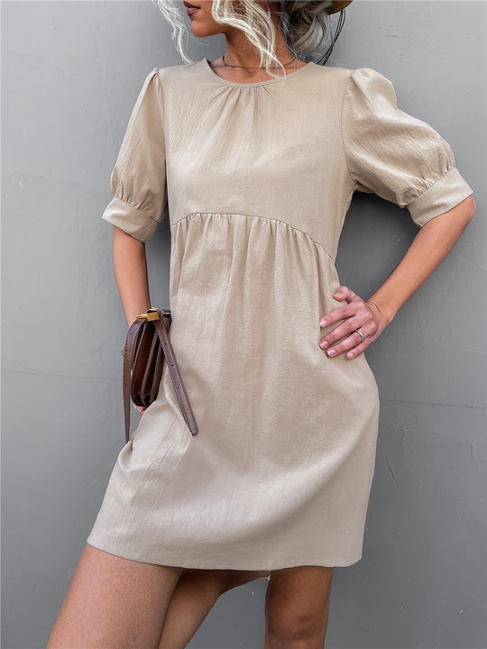 Damen lässiges Kurzarmkleid mit elastischem Bund und voluminösen Ärmeln EB