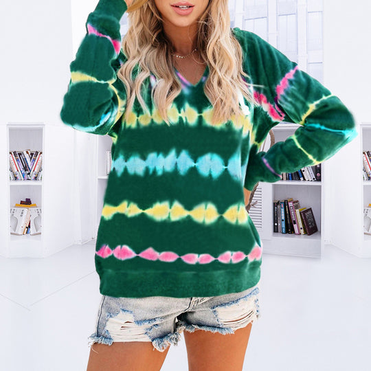 Damen lässiger V-Ausschnitt Pullover im modischen Tie-Dye-Design EB