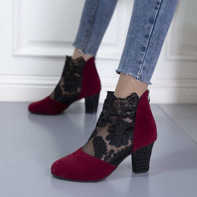Damen Elegante Schnürstiefeletten mit floralem Spitzen-Design und blockiertem Absatz EB