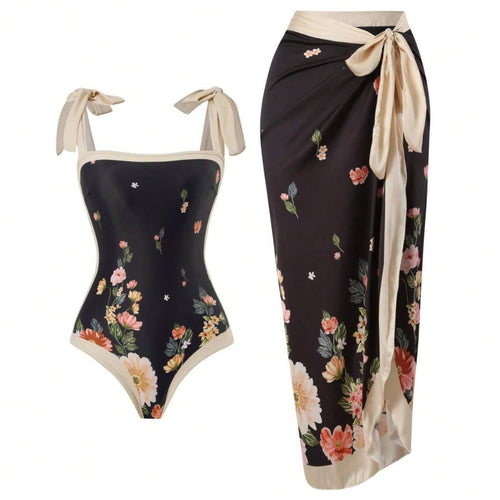 Damen Eleganter Badesuit mit floralen Akzenten und modischem Wickelrock EB