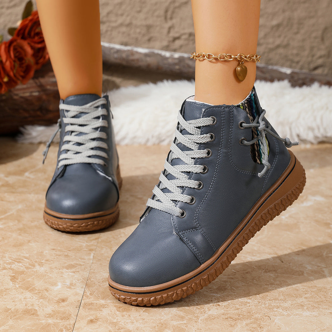 Damen gefütterte Schnürstiefelette mit Teddyfutter, seitlichem Reißverschluss und profilierter Gummisohle EB
