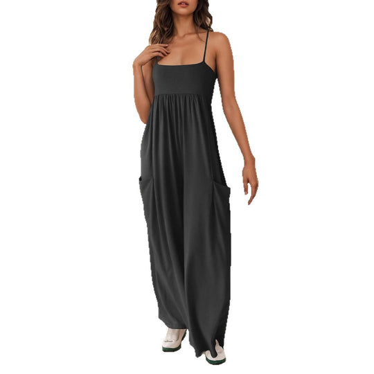 Damen lässiger Jumpsuit mit breitem Bein und verstellbaren Trägern EB