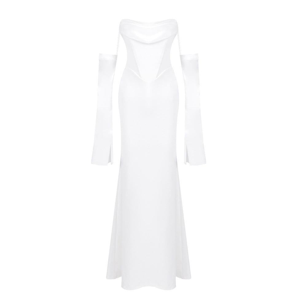 Damen Elegantes Meerjungfrau-Kleid mit schulterfreiem Design und langen Ärmeln EB