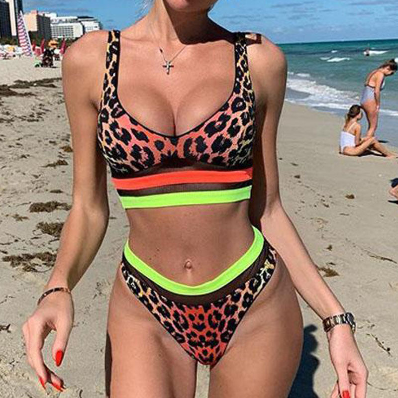 Damen Sportliches Bikini-Set mit hohem Bund und modischem Muster EB