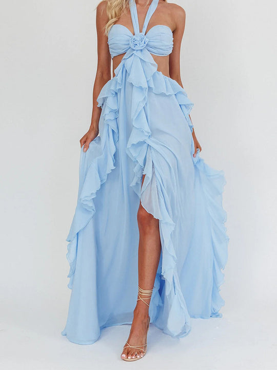 Damen Maxikleid mit Rüschen und Bandeau-Ausschnitt EB
