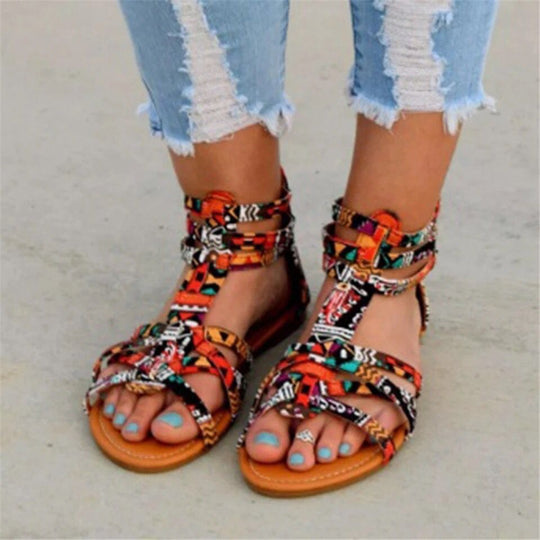 Damen Boho-Sandalen mit verstellbaren Knöchelriemen und Ethno‑Print EB