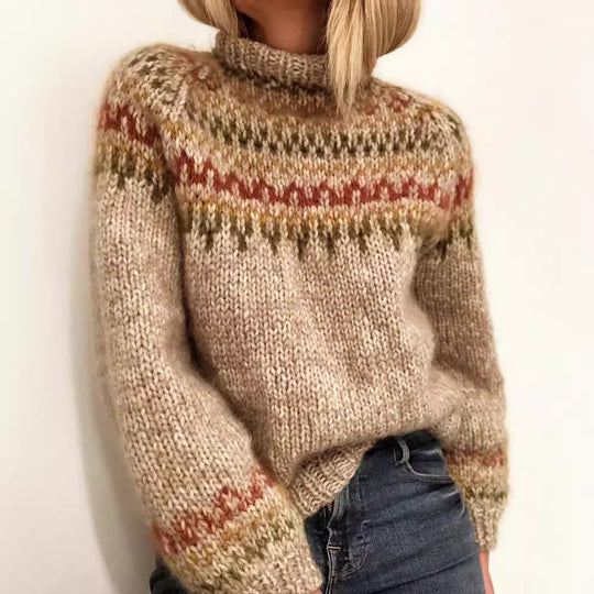 Damen Grober Strickpullover mit hohem Kragen und einzigartigem Muster EB