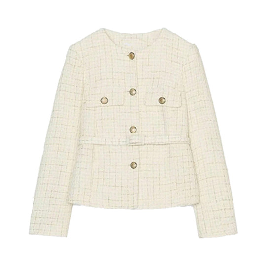 Damen elegante Tweed-Jacke mit doppelter Knopfleiste und praktischen Taschen EB